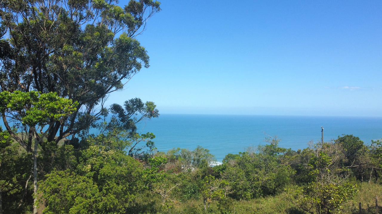 Vista real do mirante para o mar da Praia da Silveira entre a vegetação nativa