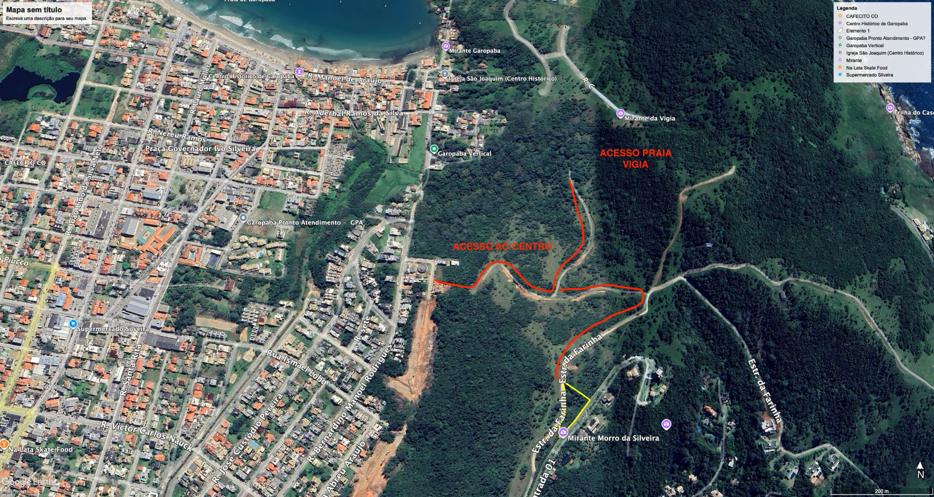 Mapa do acesso ao Mirador Silveira: acesso em vermelho sendo pavimentado entre o centro de Garopaba e o empreendimento